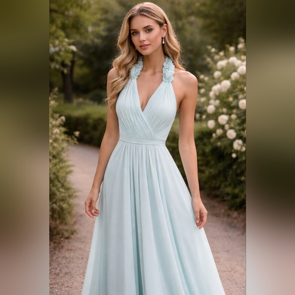 Dresses & Skirts - Elegant Halter Neck Light Blue Dress